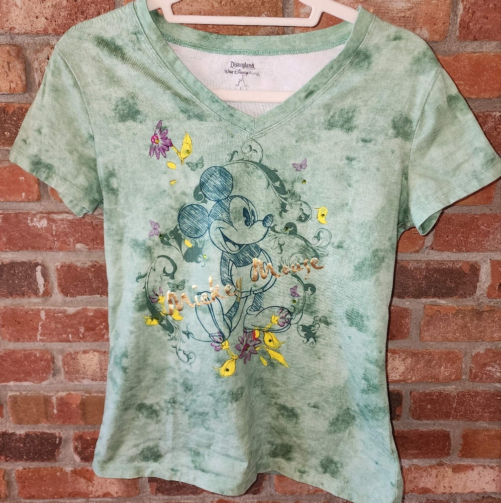 Disney T‎ Shirt Womans Size Large Green Mickey Mouse Graphic Tee